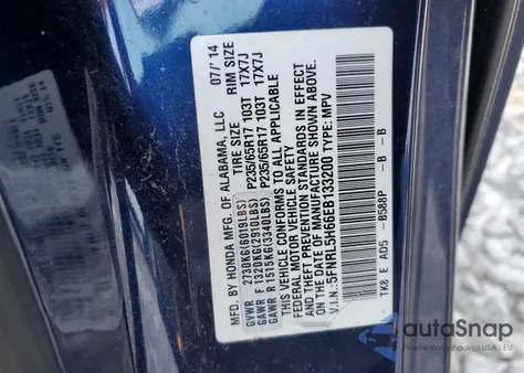 2014 Honda Odyssey Exl z USA, uszkodzony, nr VIN 5FNRL5H66EB133200